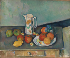 Nature morte, pot à lait et fruits sur une table (Still life with milk pot and fruits on a table) by Paul Cézanne