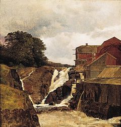 Norwegian landscape with sawmill by a waterfall by Frederik Sødring