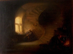 Old Scholar in a Room with a Spiral Stair and Maid stoking Fire (after Rembrandt) by after Rembrandt van Rijn