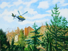 'Police helicopter over Esher', (2011), oil on linen, 90 x 120 cm. by john albert walker