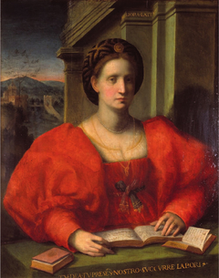 Portrait of a Lady Reading a Music Book inscribed 'Petrarcha' by Domenico Puligo