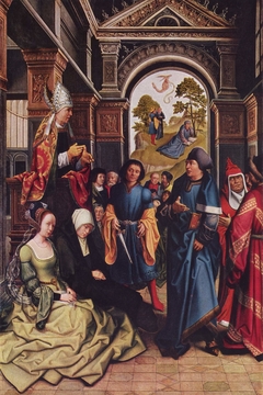 Predigt des heiligen Ambrosius Außenseite (in Resten): Zwei stehende heilige Bischöfe by Bernard van Orley