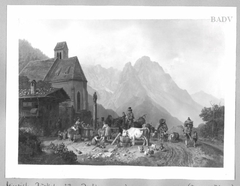 rest at a fountain near a church in the mountains by Heinrich Bürkel