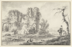 Ruïne aan een rivier met rechts een jongen en een meisje by Jean-Baptiste Pillement