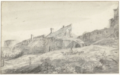 Stadsmuur met aangebouwde huizen by Unknown Artist