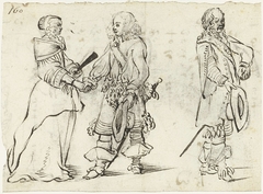 Stel dat elkaar een hand geeft en een afgewende man by Gesina ter Borch