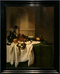 Still life of a laid table with ham and a view of a niche by Jan Jansz den Uyl