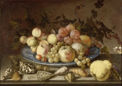 Still life with fruits on a blue bowl and shells by Balthasar van der Ast