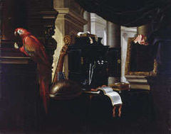 Still life with musical instruments and a parrot. by Evaristo Baschenis