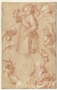 Studies van een staande trompetter en studies van handen en armen by Abraham Bloemaert