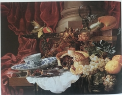 Sumptuous Still Life with Fruit and Pie, Tea Cup, Silvergilt Goblet holder, Covered Beaker, and Nautilus Shell by Carstian Luyckx