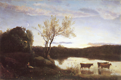 The Pond, Three cows and a Crescent Moon by Jean-Baptiste-Camille Corot