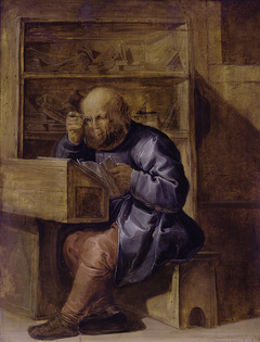 The proofreader Cornelis Kiliaan at work by Adriaen van de Venne