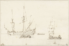 Twee roeiboten varen in de richting van een koopvaardijschip by Willem van de Velde II