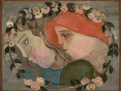 Two heads of little girls in a garland of flowers by Tadeusz Makowski