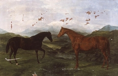 Two hunting horses in landscape by William Luker