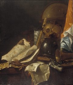 Vanitas met schedel, glazen bol en banier by Jacques de Claeuw