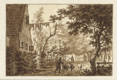 Varkenshoeder op weggetje voor een huis by Jacob Cats 1741-1799