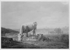 Weidende Kuh und liegendes Kalb by Max Joseph Wagenbauer