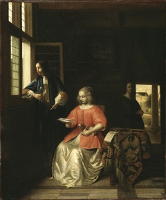 Woman reading a letter and a man at a window by Pieter de Hooch