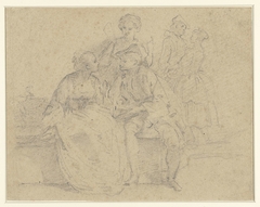 Zittend en staand paar in conversatie by Unknown Artist