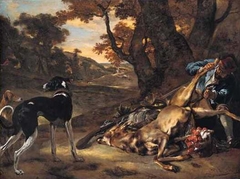 A Huntsman cutting up a Dead Deer, with Two Deerhounds by Jan Baptist Weenix