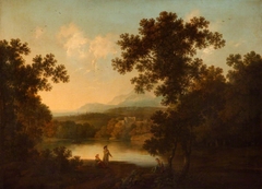 A Landscape with Views of a Ruined Castle and a distant Town seen over Water by George Smith