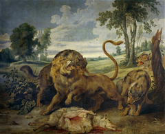 A Lion and three Wolves by Paul de Vos