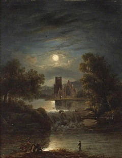 A Moonlit River Scene with a Ruined Abbey, Waterfall and Lone Angler by follower of William Pether