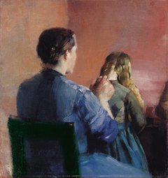 A mother plainting her little daughter's hair by Christian Krohg