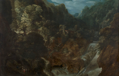 A Rocky Landscape with a Waterfall: the Flight into Egypt by Anonymous