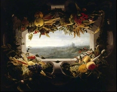 A Seascape within a Garland of Fruit by Jan Anton van der Baren