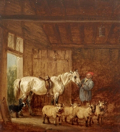 A White Horse with a Groom, and Sheep in a Barn by Edmund Bristow