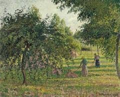 Apple trees and peasant woman raking hay, Éragny by Camille Pissarro