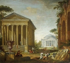 Architectural Capriccio with the Pantheon and the Maison Carrée (manner of Panini) by attributed to Francis Harding