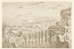 Berglandschap met hoge brug by Jacob Matham