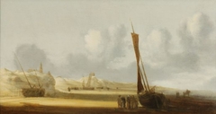 Boten op het strand bij Scheveningen by Simon de Vlieger