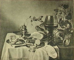 Breakfast with large rummer, tazza and ham by Pieter Claesz
