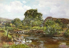 'Chagford Mill': the River Teign with Stepping Stones and Ducks by Yeend King