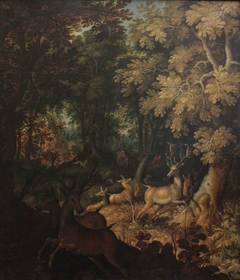 Chasse au cerf dans une forêt by Roelant Savery