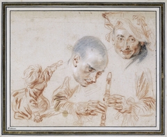 Crouching Child, Two Male Heads, One Wearing a Beret, Arms and Hands of A Recorder-Player by Antoine Watteau