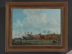 De tewaterlating van het fregatschip Olivier van Noort op de werf Hollandia te Amsterdam by Casparus Johannes Morel