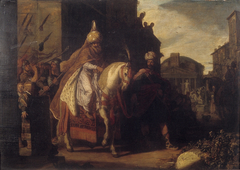 De triomftocht van Mordechai by Pieter Lastman