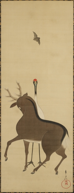 Deer, Crane and Bat by Suzuki Kiitsu