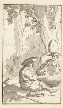 Don Quichotte wijn drinkend met een kluizenaar by Caspar Luyken