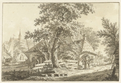 Dorpsgezicht met enkele personen voor een huis by Jacob Cats 1741-1799