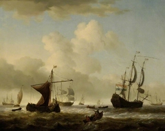 Dutch men o'war and other shipping in choppy seas by Willem van de Velde the Younger