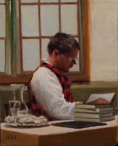 "El Soldado: Soldier of Words" by Lydia Martin© oil on Belgian linen (12"x9") (portrait of American author, William T. Vollmann) by Lydia Martin