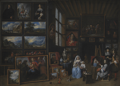 Et billedgalleri med en kunstner, der maler en kvinde og en pige. Allegori over malerkunsten by Gillis van Tilborgh