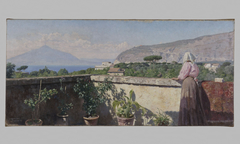 Femme sur la terrasse de l'hôtel Cocumella. Vue sur le Vésuve by Henry Brokman